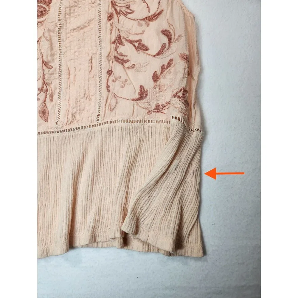 Lucky Brand Embroidered Peplum Tank Top Blush Pink Boho Pintuck Sleeveless XL